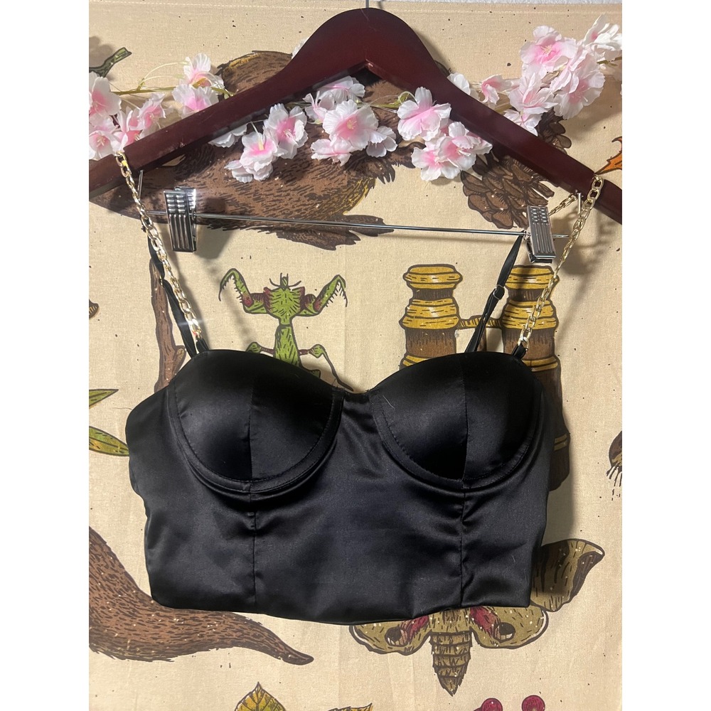 Fashion Nova Bustier Top Womens XS/S Black Satin Chain Strap Crop